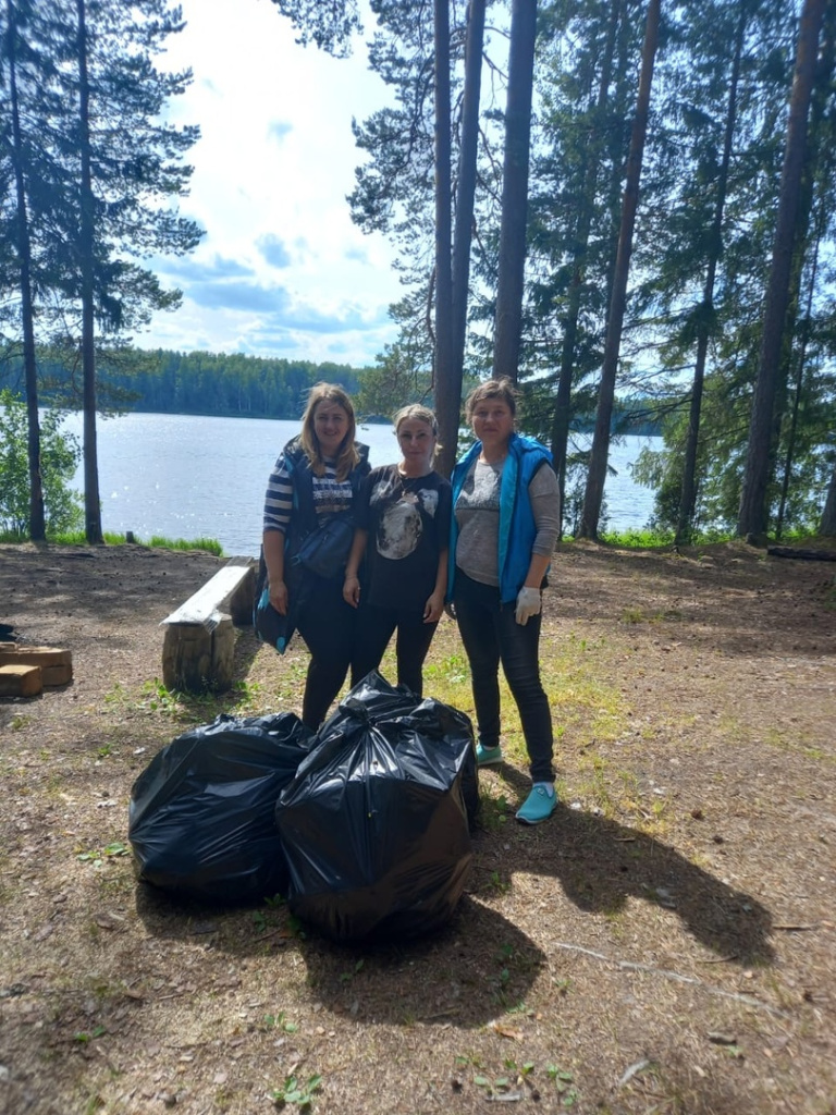 Три мешка мусора вывезли волонтеры Хвойнинского муниципального района Новгородской области с берегов озера Ракитинского.